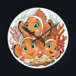 Relógio Redondo Clown fish Cartoon cute Family Underwater<br><div class="desc">Cute and Joyful little Clownfish Cartoon Characters swimming together on underwater Coral Reef Background. Original Vector Illustration Copyright BluedarkArt.</div>