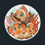 Relógio Redondo Clown fish Cartoon cute Family Underwater<br><div class="desc">Cute and Joyful little Clownfish Cartoon Characters swimming together on underwater Coral Reef Background. Original Vector Illustration Copyright BluedarkArt.</div>