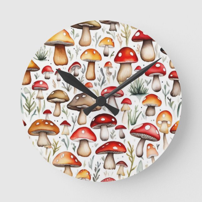 Relógio Redondo Cogumelos brancos folhas design (Frente)