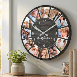 Relógio Redondo Colagem de Fotos Personalizadas Preto Família Made