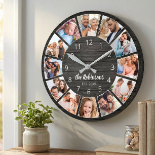 Relógio Redondo Colagem de Fotos Personalizadas Preto Família Made