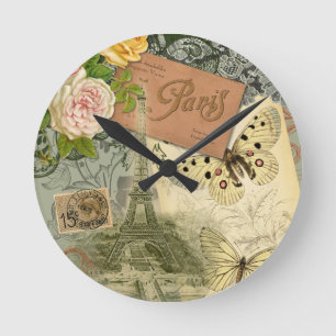 Relógio Redondo Colagem de Viagem da Vintage Eiffel Tower Paris Fr