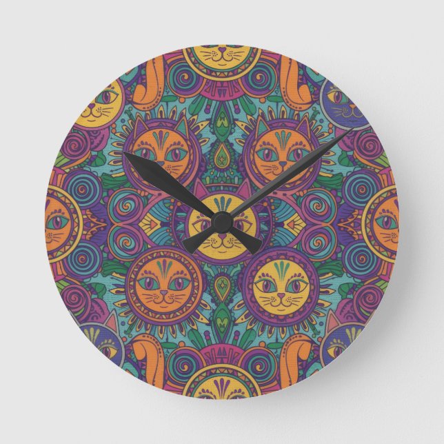 Relógio Redondo Colorful Psychedelic Cat Wall Clock (Frente)