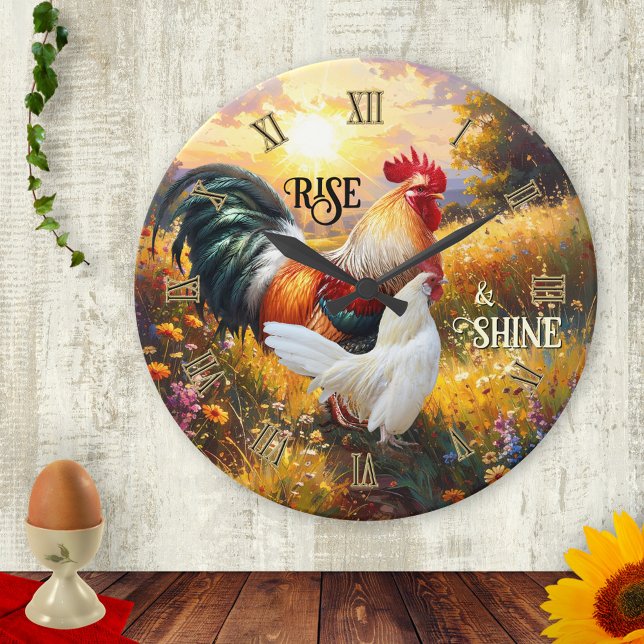 Relógio Redondo Colorful Rise and Shine Rooster (Rise and shine wall clock featuring a colorful painting of two roosters at sunrise)