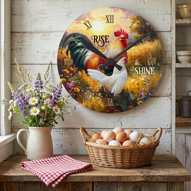 Relógio Redondo Colorful Rise and Shine Rooster (Rise and shine wall clock featuring a colorful painting of two roosters at sunrise)