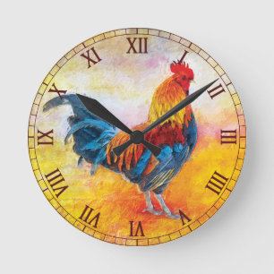 Relógio Redondo Colorful Rooster Maroon Roman Numbers