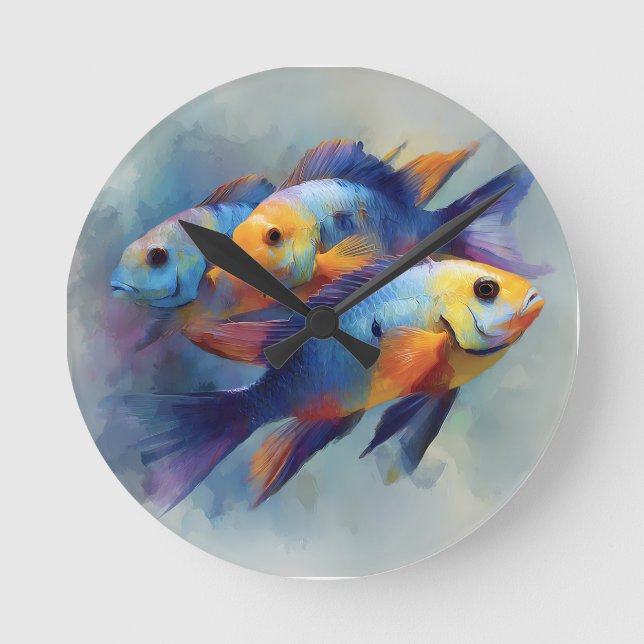 Relógio Redondo Colorful Tropical Fish Triptych Canvas Wall Art (Frente)