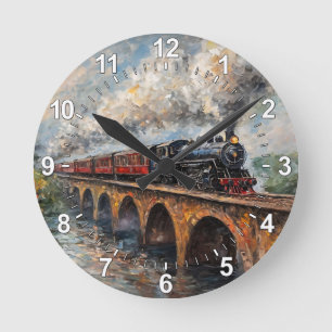 Relógio Redondo Comboio a vapor numa ponte - Pintura a óleo