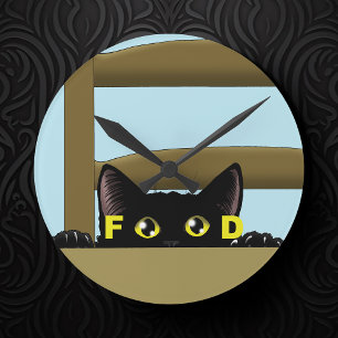 Relógio Redondo Comida de Gato Preto Gato Faminto Divertido Humor