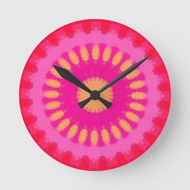 Relógio Redondo Cor de água rosa e laranja Mandala  (Frente)