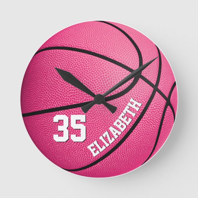 Relógio Redondo cor-de-rosa de basquete de meninas personalizadas (Frente)