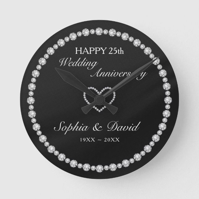 Relógio Redondo Coração dos Diamantes de Prata (Frente)