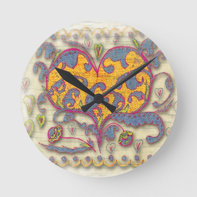 Relógio Redondo Coração Folk Art com folhas e flores (Frente)