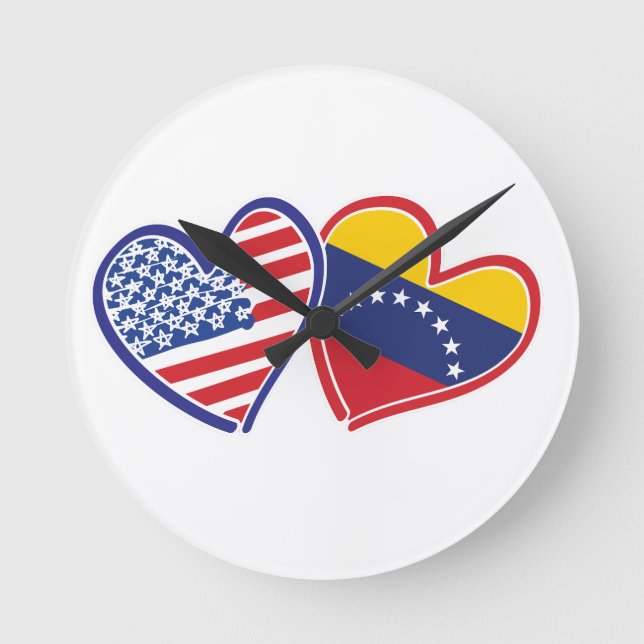 Relógio Redondo Corações das Bandeiras dos EUA e Venezuela (Frente)