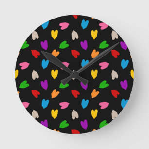 Relógio Redondo Corações de Amor Colorido Design Preto