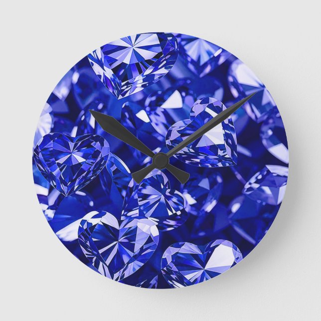 Relógio Redondo Corações Diamantes de Cristal Azul (Frente)