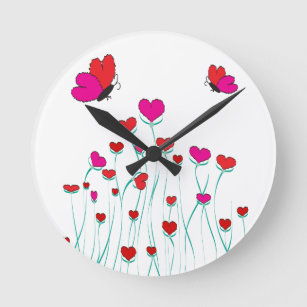 Relógio Redondo Corações e Borboletas Namorados Amor