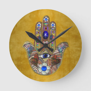 Relógio Redondo Corações Hamsa Flores Opala Arte em Ouro