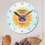 Relógio Redondo Cores de água personalizadas Girassol<br><div class="desc">Este relógio floral é decorado com um girassol amarelo de cor-de-água e fundo azul-céu. Faz um dom perfeito para o lar. Facilmente personalizável. Use a Ferramenta Design para alterar o tamanho, o estilo ou a cor do texto. À medida que criamos a nossa trabalho de arte, não encontraremos esta imagem...</div>