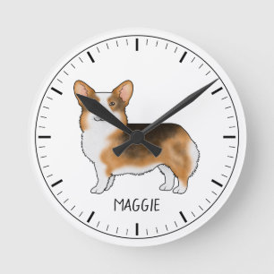 Relógio Redondo Corgi Galês Pembroke Tricolor Cabeça Vermelha E No