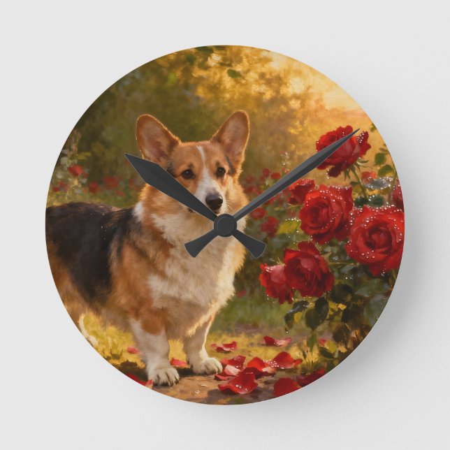 Relógio Redondo Corgi nas Rosas V (Frente)