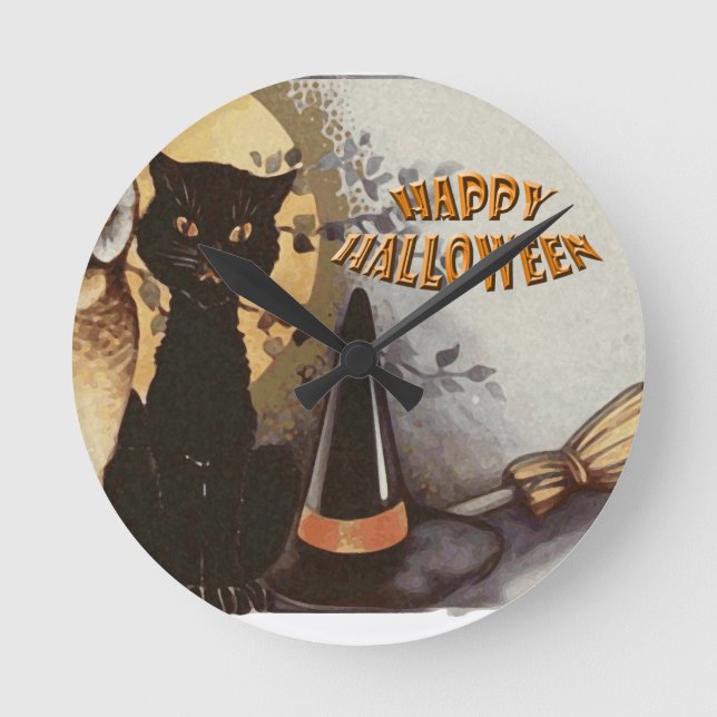 Relógio Redondo Coruja e Cat Halloween (Frente)