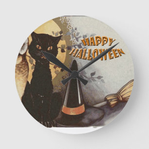 Relógio Redondo Coruja e Cat Halloween