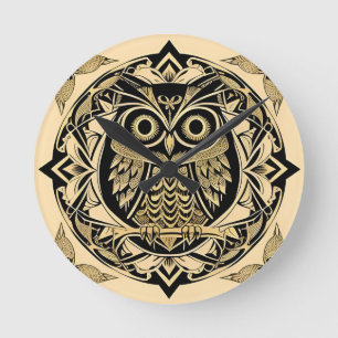 Relógio Redondo Coruja Ornamental Dourada com Desenho Decorativo