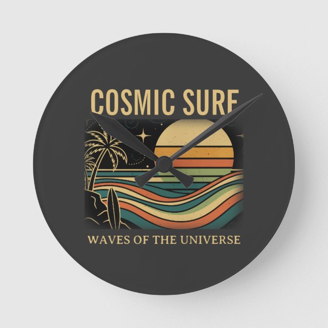 Relógio Redondo Cosmic Surf Retro Wave. Sunset (NO NUMBERS) (Frente)