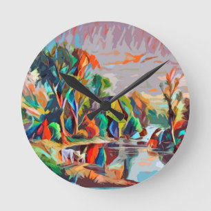 Relógio Redondo Cottage Cows Pond Landscape Abstract Art