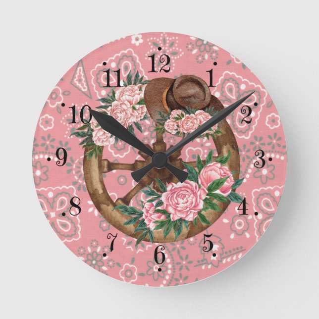 Relógio Redondo Country Pink Flower Hat Wagon Wheel Wall Clock (Frente)