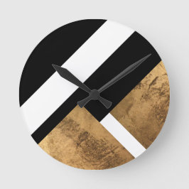 Relógio Redondo Couro Dourado Geométrico Chic Preto Branco