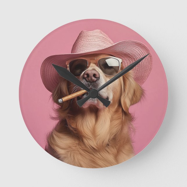 Relógio Redondo Cowboy Dog Wall Clock with Hat and Sunglasses - Hu (Frente)