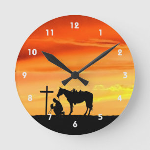 Relógio Redondo Cowboy Prayer Silhout Wall Clock