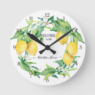 Relógio Redondo Cozinha de fazenda Lemon Greenery Wreath Amarelo