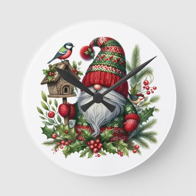 Relógio Redondo Cozy Christmas Gnome Art – Festive Holiday (Frente)