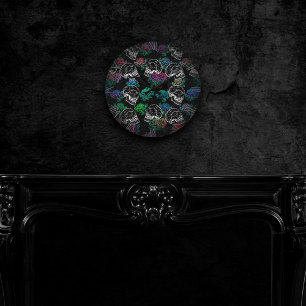 Relógio Redondo Crânios e Rosas escuros Funky Glam Grunge