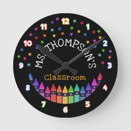 Relógio Redondo Crayons Stars Colorful Teacher Name Classroom