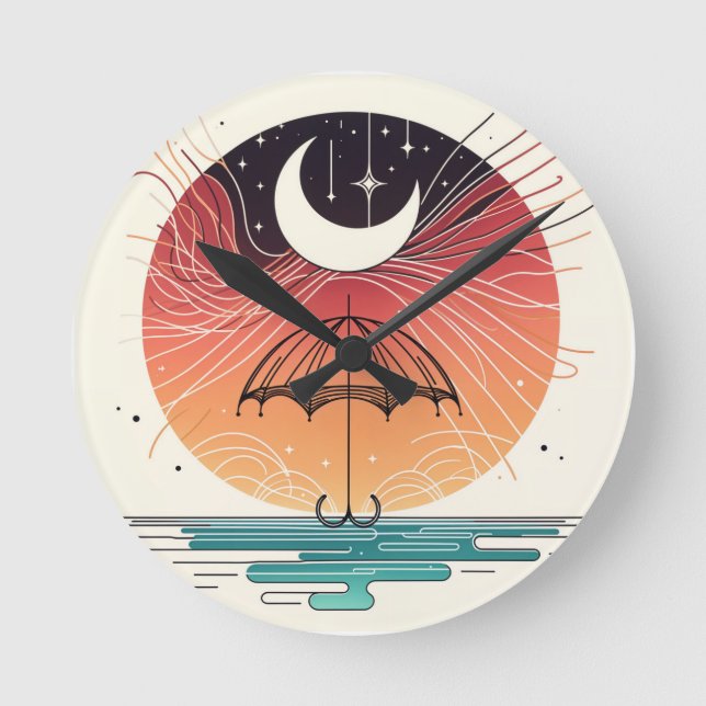 Relógio Redondo Crescente Chuva Chuva Arte da Linha (Frente)