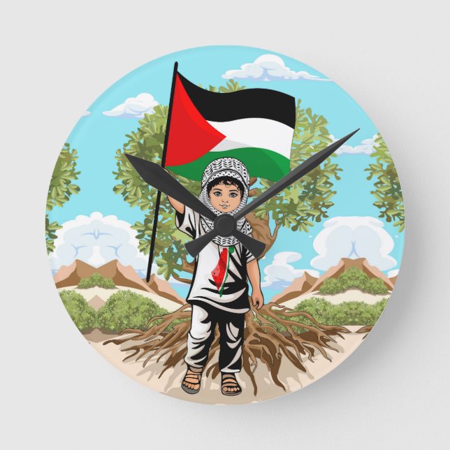 Relógio Redondo Criança com Keffiyeh Palestine Flag e Olive Tree (Frente)