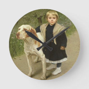 Relógio Redondo Criança jovem e Cachorro Grande (óleo na canvas)