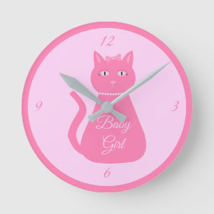 Relógio Redondo Criança Rosa bonito, Gata de Gato Personalizada