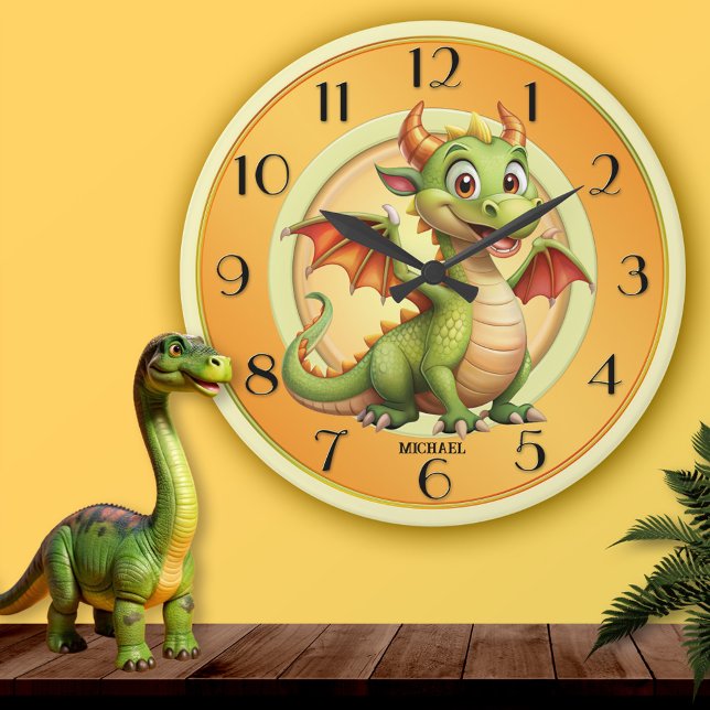 Relógio Redondo Crianças de fantasia mágica do dragão bonito (Wall clock featuring a cute magical fantasy dragon in warm pastel colors - gift for a child)