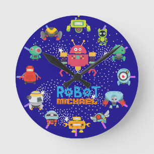Relógio Redondo Crianças ROBOT Bedroom Decor Azul Cor-de-rosa Lou