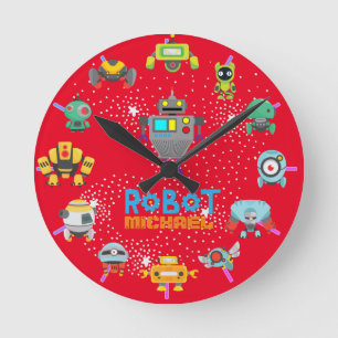Relógio Redondo Crianças ROBOT Bedroom Decor RED Blue Named Louco