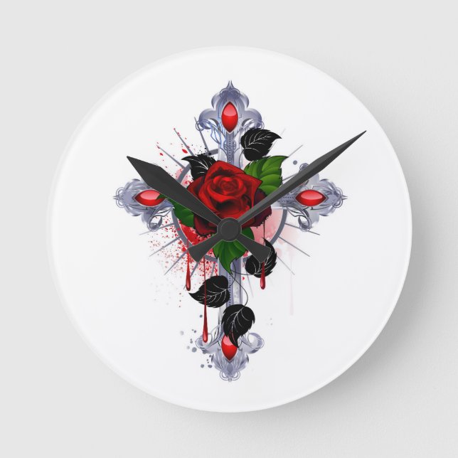 Relógio Redondo Cruz de Prata com Rosa vermelha (Frente)