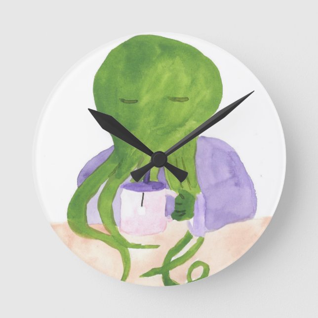 Relógio Redondo Cthulhu tem um copo do chá (Frente)
