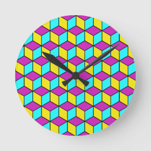 Relógio Redondo CUBO CMYK cubos famosos padrão geométrico ilusão