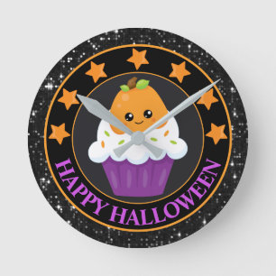 Relógio Redondo Cupcake de Halloween de Pumpkin Kawaii