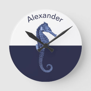 Relógio Redondo Custom Nautical Seahorse Navy Blue Ocean Beach